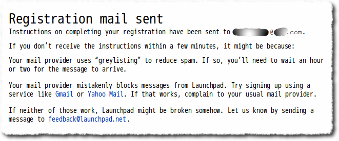Launchpad 注册邮件已发送